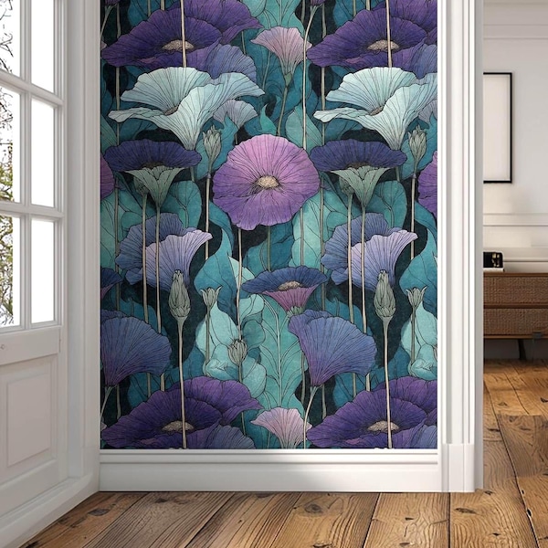 Art Nouveau Botanical Purple Teal Blue Floral Wallpaper – Large Scale Vintage Style Wall Mural, Peel & Stick, Pre-Pasted, or Unpasted