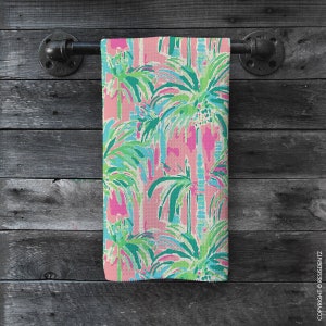 Tropical Palm Tree Microfiber Waffle Hand Towel | Southern Abstract Colorful Design | Kitchen & Bathroom Decor | Soft Absorbent Dish Towel