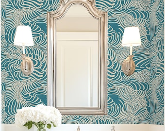 Abstract Swirling Sea Floral Woodcut Pattern - Turquoise and Natural - Color Options - Peel & Stick, Pre-Pasted, and Non-Pasted