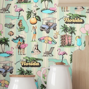 Vintage Palm Tree Florida Wallpaper SMALL | Retro Flamingo and Iconic  Floridian Illustrations | Peel & Stick and Pre-pasted Wallpaper