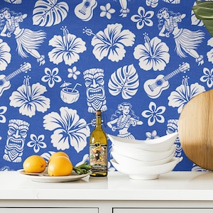 Hawaiian Hula Girl Wallpaper | Color Options | Tiki Print Hibiscus Tropical | Vintage Texture | Peel & Stick and Pre-Pasted Wallpaper