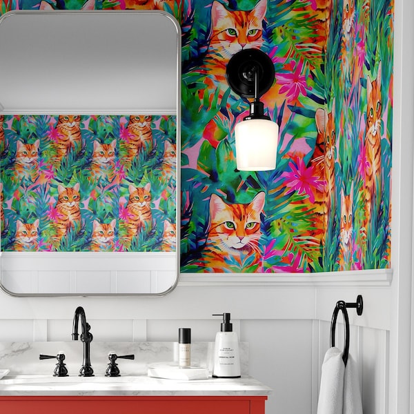Orange Tabby Cat Tropical Wallpaper | Cat Wallpaper | Peel and Stick, Pre-Pasted | Vibrant Cat Decor