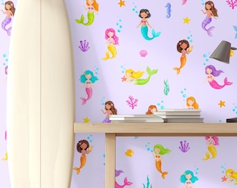 Whimsical Mermaid Wallpaper -  Nursery Underwater Pattern - Girls Room Decor
