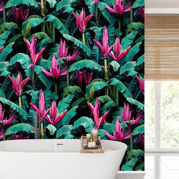 Tropical Floral Leafy Palm Wallpaper | Magenta & Greens on Black | Half Drop Repeat | Peel and Stick and Pre-Pasted