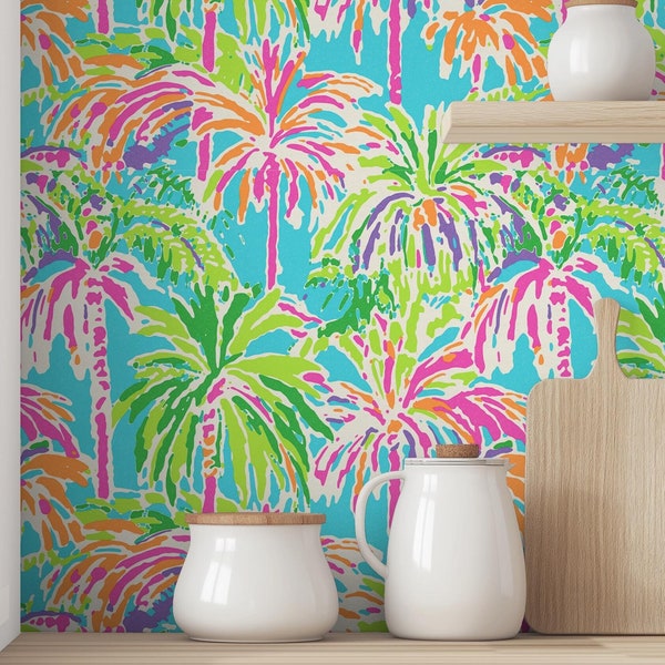 Colorful Palm Tree Wallpaper | Tropical Beach Design (Peel & Stick)