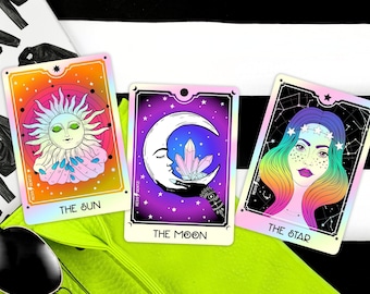 Holigraphic Sticker, Tarot Card Stickers, The Moon The Star The Sun Tarot Stickers, Psychic Esoteric Stickers for laptops waterbottles Cars