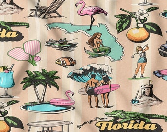 Retro Florida Fabric: Coastal Icons Print - Cotton & Linen