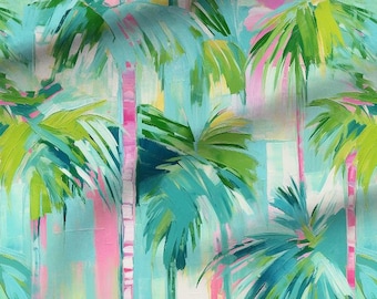 Tropical Palm Fabric: Abstract Island Print - Aqua, Green, Pink