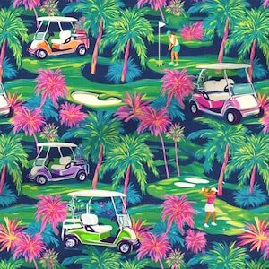 May include: A vibrant, repeating pattern featuring golf carts in various colors, golfers, palm trees, and golf course elements. The design incorporates shades of green, pink, orange, and blue, creating a tropical golf theme.