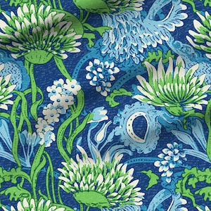 Blue & Green Botanical Coastal Fabric – Ocean-Inspired Floral | Swatch, Fat Quarters and Fabric By the Yard - Cotton, Linen Canvas Fabrics