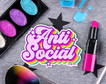 Anti Social Sticker in Colorful Retro Font, Funny Stickers for introverts and social anxiety, Cars Waterbottle Phones Laptop Stickers