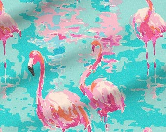 Tropical Flamingo Fabric - Aqua and Pink Southern Decor