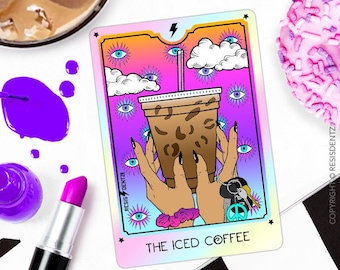 Coffee Tarot Card Holigraphic Sticker, The Iced Coffee Tarot Card Sticker, Funny Stickers for Cars Waterbottle Phones Laptop Stickers