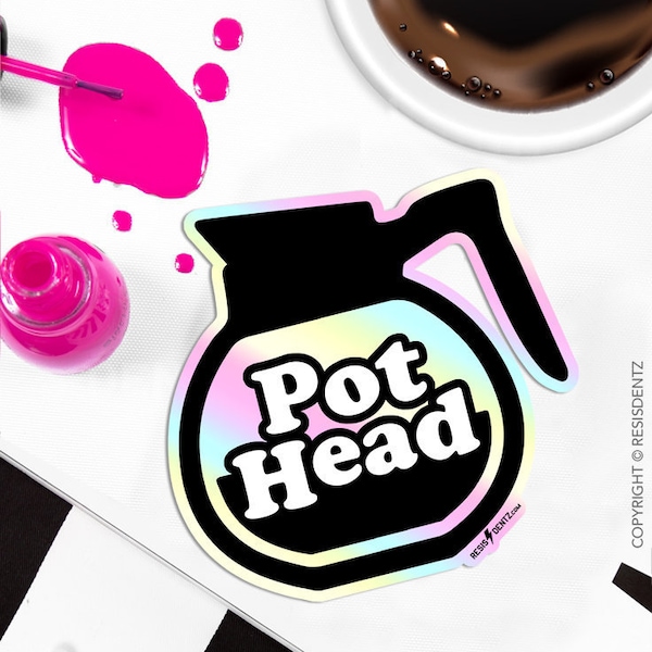 Coffee Pot Head Holographic Sticker, Funny Waterproof Decal