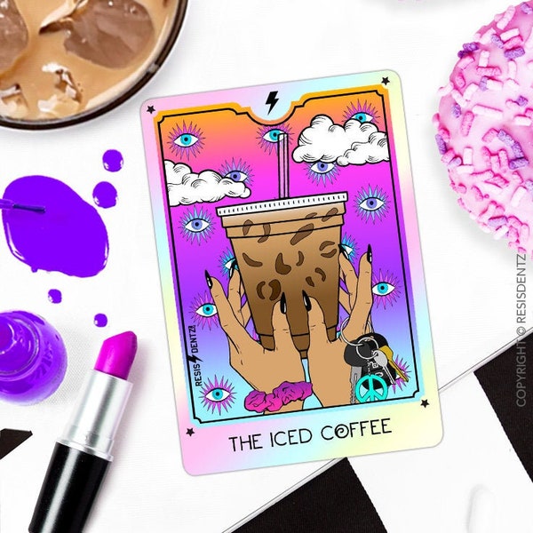 Iced Coffee Tarot Card Holographic Sticker, Funny Laptop Decal