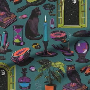 Mystical Celestial Noir Fabric - Halloween Fabric - Esoteric Tarot Witch Design - Swatch, Fat Quarters, and Fabric by the Yard