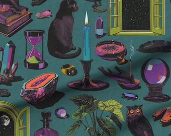 Mystical Celestial Noir Fabric - Halloween Fabric - Esoteric Tarot Witch Design - Swatch, Fat Quarters, and Fabric by the Yard