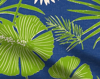 Tropical Palm Floral Fabric | Green Leaves, White Flowers on Blue
