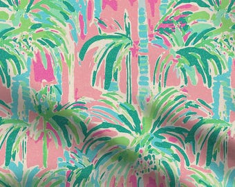 Tropical Palm Tree Fabric | Pink, Green, Aqua | Island Decor