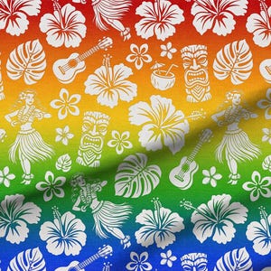 Rainbow Hibiscus Hawaiian Fabric | Color Options | Tiki Print Hula Girl Tropical | Vintage Texture | Swatch, Fat Quarters Fabric by the Yard
