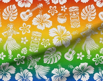 Rainbow Hula Girl Hawaiian Shirt Fabric | Vintage Tiki Print