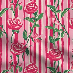 Bold Pink Rose Stripe Fabric - Vibrant Vintage Floral for DIY Decor and Crafts - Swatch, Fat Quarters, and Fabric by the Yard