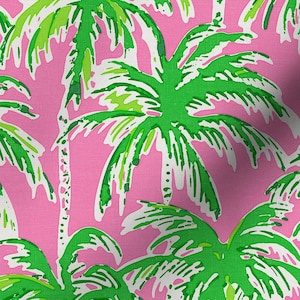 Preppy Tropical Palm Tree Fabric - Pink and Green Island Design - Swatch, Fat Quarters, and Fabric by the Yard