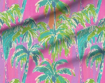 Palm Tree Fabric – Green and Cyan on Pink, Tropical Print