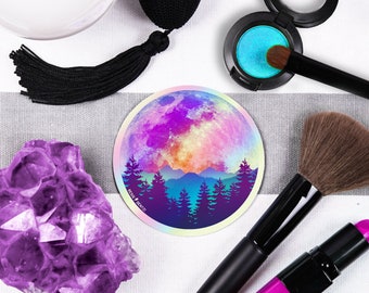 Full Moon Mountain Treeline Sticker, Cool Holographic Moon Sticker, Esoteric Stickers for Cars Waterbottle Phones Laptop Stickers