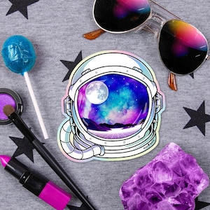 Astronaut Helmet Space Sticker, Cool Holographic Space Sticker, Science Sticker for Cars Waterbottle Phones Laptop Stickers