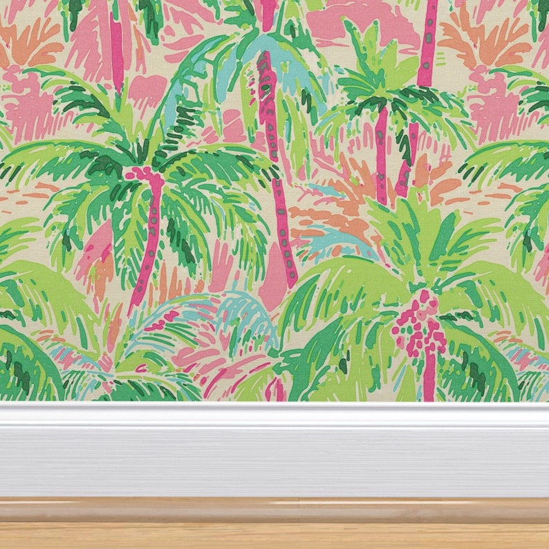 a painting of palm trees and pink and green leaves