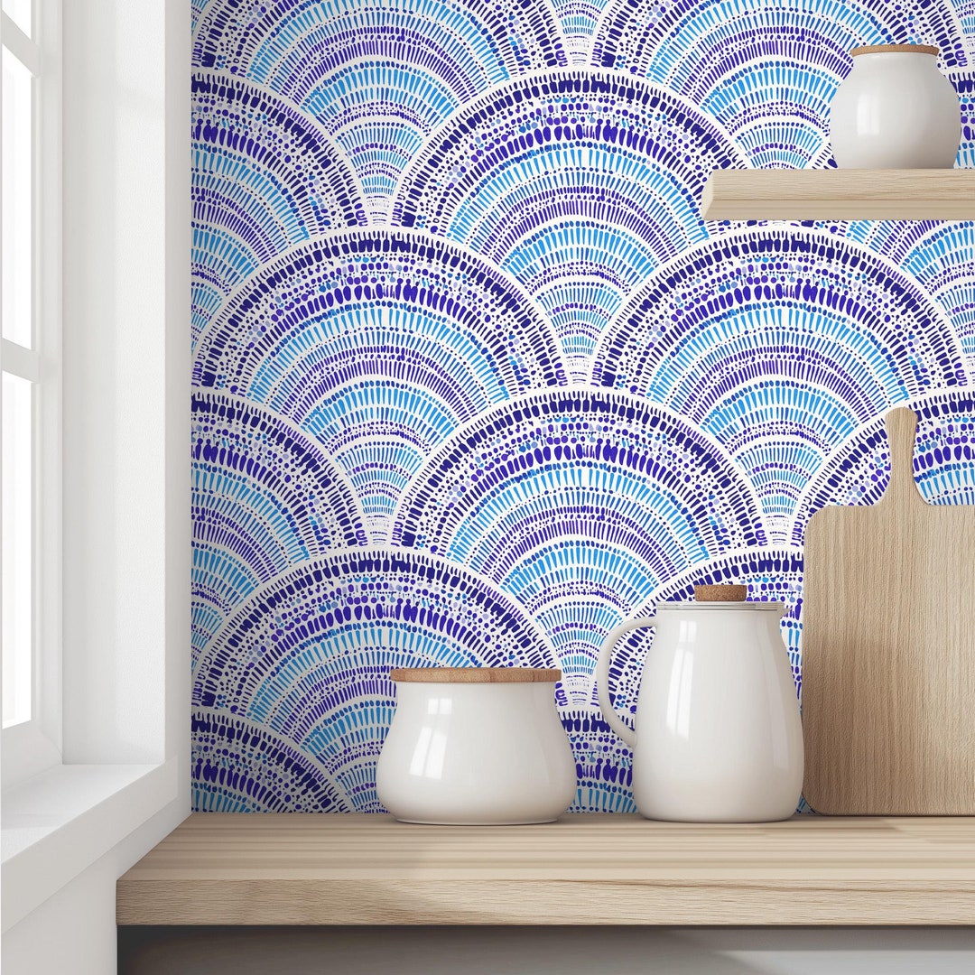Natural Bohemian Scallop Shell Wallpaper | Blue Coastal Pattern | Peel ...