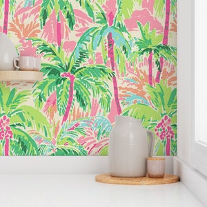 Palm Tree Pattern Wallpaper | Coastal Southern Tropical Home Decor | Pink Green Orange Aqua | Peel & Stick and Pre-Pasted