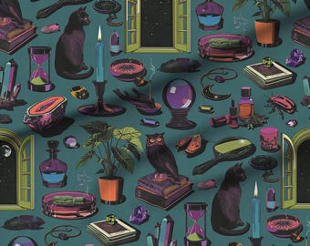 Tarot Card Fabric | Celestial Noir Print - Cotton Yard, Gothic Cats Crystals
