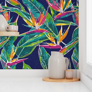 Bird of Paradise Tropical Luxury Wallpaper - Navy Island House Wallpaper | Linen Texture | Peel & Stick and Pre-Pasted Wallpaper