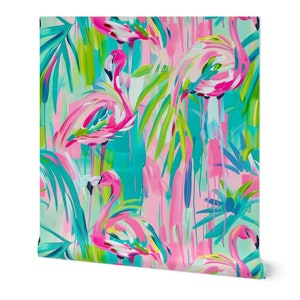 May include: A seamless pattern featuring pink flamingos with abstract brushstrokes in shades of pink, green, and blue. The background is a light turquoise color.
