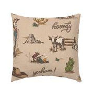 May include: Beige throw pillow with a brown and white cowboy themed pattern. The pattern includes cowboys, horses, cacti, and the words "howdy" and "y'all".