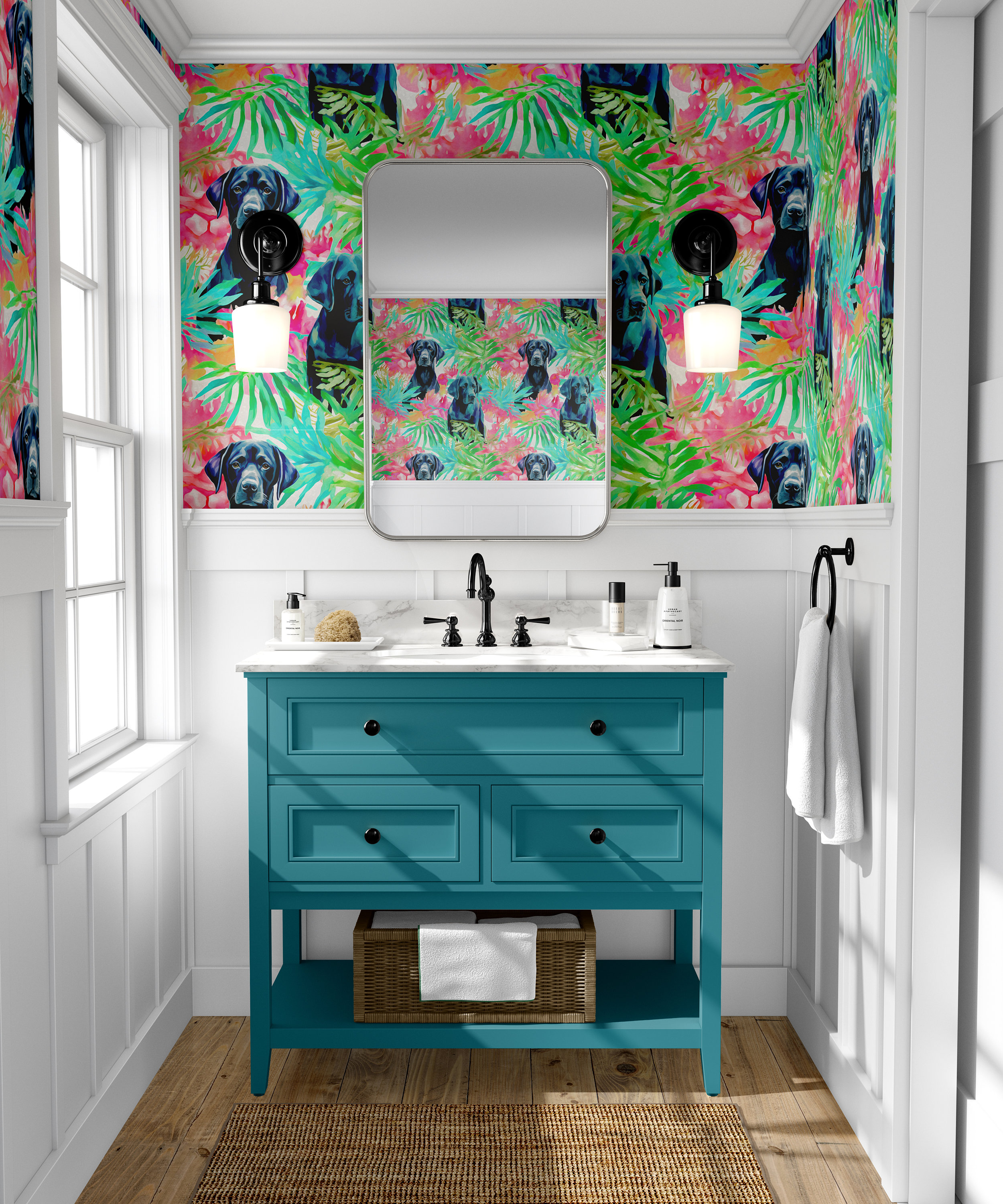 Labrador Pattern Wallpaper Black Lab Tropical Wallpaper | Labrador Retriever Dog Design | Peel ...