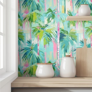 Tropical Wallpaper | Palm Tree Abstract Peel-Stick Wallcovering | Aqua Pink Island Accent