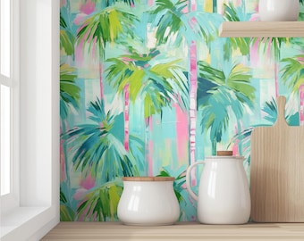 Tropical Wallpaper | Palm Tree Abstract Peel-Stick Wallcovering | Aqua Pink Island Accent