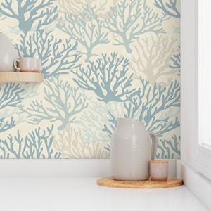 Coral Wallpaper Blues and Grays | Beach House Island Decor Design | Peel & Stick and Prepasted Removable Wallpaper | Seaside Home Wall Decor