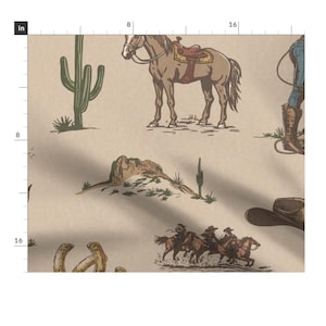 May include: A beige fabric with a repeating pattern of cowboys on horses, cacti, and horseshoes. The pattern is in shades of brown, green, and red.