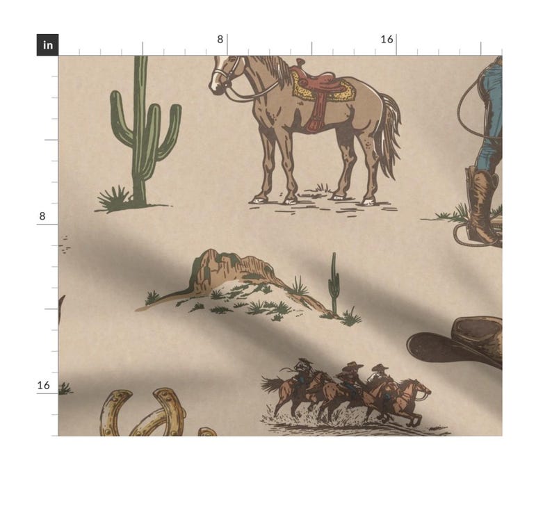 May include: A beige fabric with a repeating pattern of cowboys on horses, cacti, and horseshoes. The pattern is in shades of brown, green, and red.