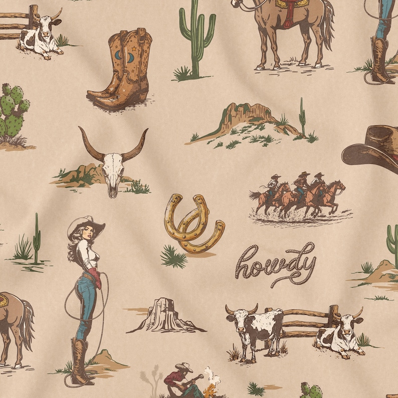 May include: A vintage-style illustration featuring a variety of Western-themed imagery, including cowboys, horses, cacti, boots, and a skull. The illustration is set against a beige background and includes the word "howdy" in a stylized font.