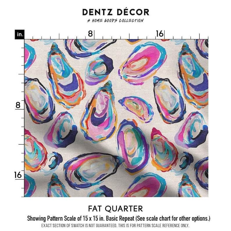 May include: Fabric with a repeating pattern of colorful oyster shell illustrations. The shells are painted in shades of pink, blue, orange, and purple on a cream background. The text "DENTZ D&Eacute;COR" and "FAT QUARTER" are visible.