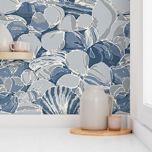 Preppy Gray and Blue Coastal Shell Wallpaper | Grays & Blues on Natural | Peel and Stick and Pre-Pasted Wallpaper