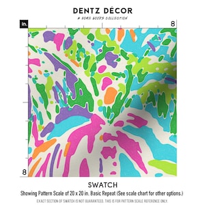 Pu&ograve; includere: Campione di un motivo di tessuto con sfondo bianco e forme astratte colorate in tonalit&agrave; di verde, rosa, blu, arancione e viola. Il motivo si ripete ogni 50,8 cm.