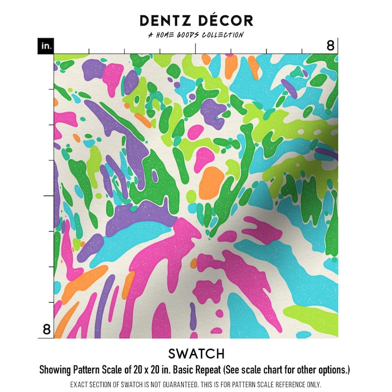 Pu&ograve; includere: Campione di un motivo di tessuto con sfondo bianco e forme astratte colorate in tonalit&agrave; di verde, rosa, blu, arancione e viola. Il motivo si ripete ogni 50,8 cm.
