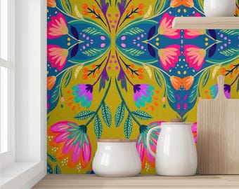 Folk Art Floral Wallpaper - Bohemian Botanical Pattern - Peel & Stick, Pre-Pasted, and Non-Pasted