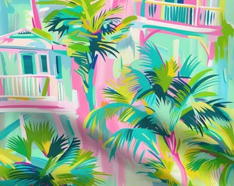 May include: A colorful abstract pattern featuring palm trees and houses with balconies. The background is a mix of pink, blue, and green.